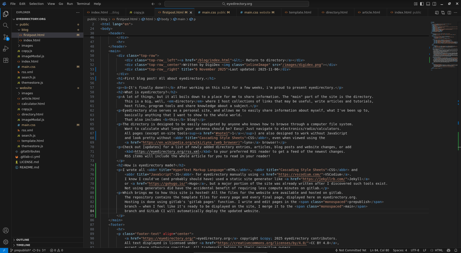 A screenshot of an HTML page being edited using VSCodium.